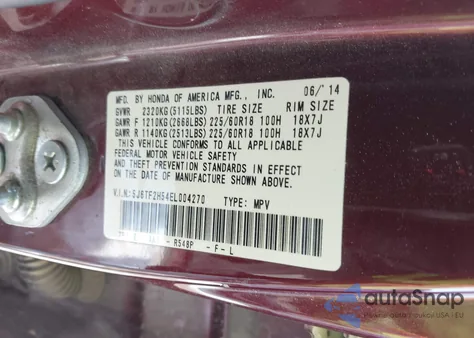 2014 Honda Crosstour Ex-L V6 z USA, uszkodzony, nr VIN 5J6TF2H54EL004270